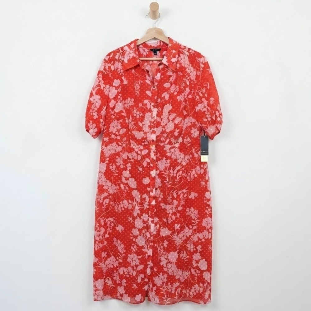 Maree Pour Toi Red Floral Chiffon Button Midi Dress Romantic Sz 16 NWT Bold